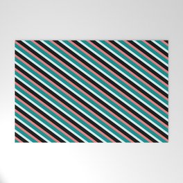 [ Thumbnail: Light Coral, Dark Cyan, Light Cyan, and Black Colored Lined/Striped Pattern Welcome Mat ]