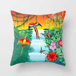 Waterfall Macaws and Butterflies on Exotic Landscape in the Jungle Naif Style Throw Pillow