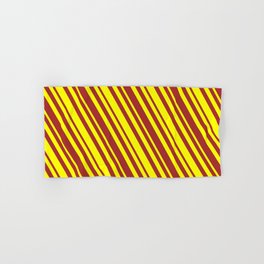 [ Thumbnail: Yellow & Brown Colored Lined Pattern Hand & Bath Towel ]
