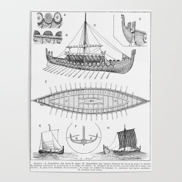 Vintage Viking Naval Ship History and Diagram Poster