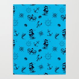 Turquoise And Blue Silhouettes Of Vintage Nautical Pattern Poster