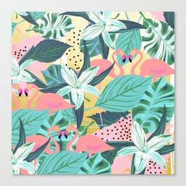 Flamingo Tropical, Colorful Modern Bohemian Eclectic Jungle Graphic Design, Blush Forest Gold Floral Canvas Print