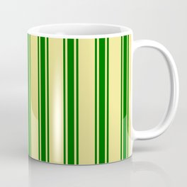 [ Thumbnail: Tan and Dark Green Colored Lined/Striped Pattern Coffee Mug ]