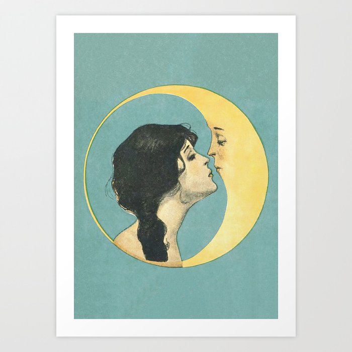 Woman Kissing Moon, Vintage Wall Art Art Print