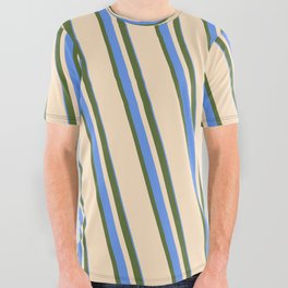 [ Thumbnail: Dark Olive Green, Bisque, and Cornflower Blue Colored Stripes Pattern All Over Graphic Tee ]