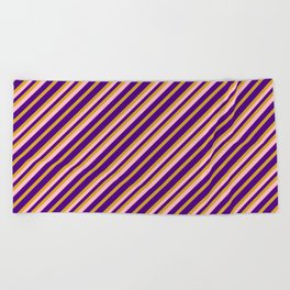 [ Thumbnail: Indigo, Goldenrod & Pink Colored Pattern of Stripes Beach Towel ]