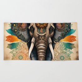Indian Elephant on Colorful Mandala Style Background Beach Towel