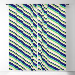 [ Thumbnail: Green, Beige, Midnight Blue & Turquoise Colored Lined/Striped Pattern Blackout Curtain ]