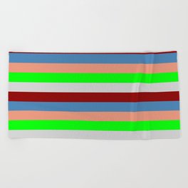[ Thumbnail: Eye-catching Dark Salmon, Lime, Light Gray, Dark Red, and Blue Colored Lined Pattern Beach Towel ]