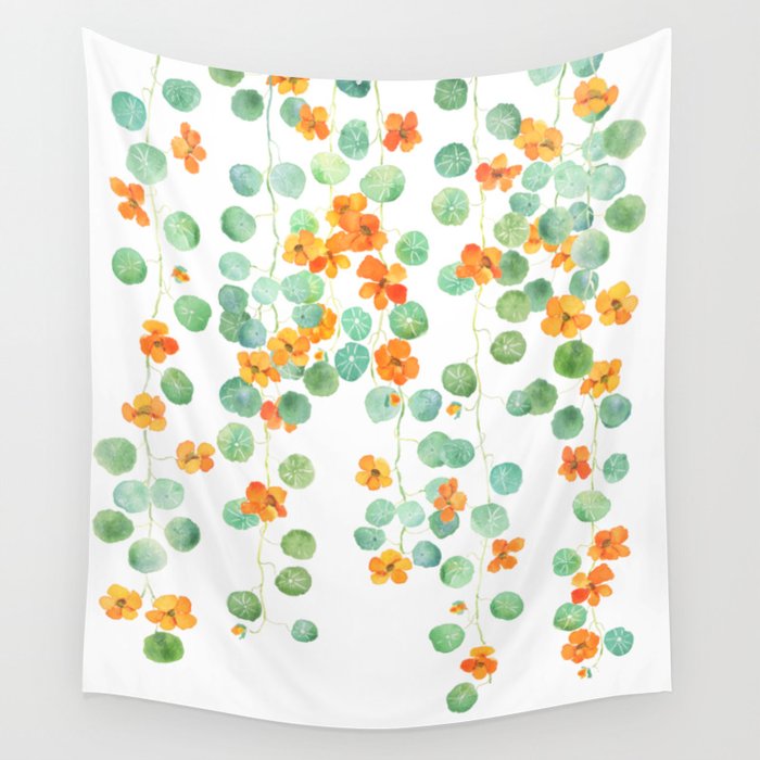 orange nasturtium flowers and leaves watercolor Wall Tapestry
