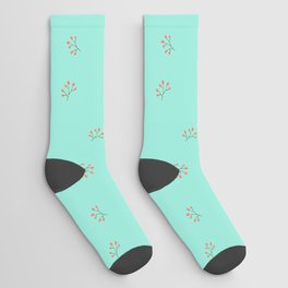 Branches With Red Berries Seamless Pattern on Mint Blue Background Socks