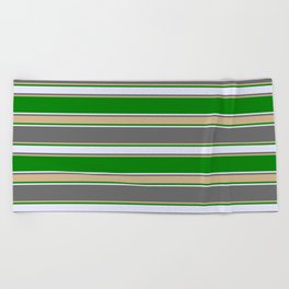 [ Thumbnail: Dim Gray, Tan, Green & Lavender Colored Pattern of Stripes Beach Towel ]