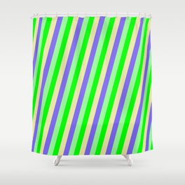[ Thumbnail: Lime, Pale Goldenrod, Medium Slate Blue, and Green Colored Lined/Striped Pattern Shower Curtain ]