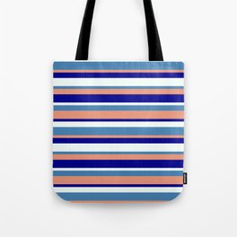 [ Thumbnail: Blue, Dark Salmon, Dark Blue & Mint Cream Colored Stripes Pattern Tote Bag ]
