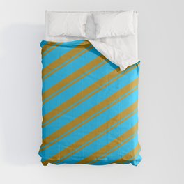 [ Thumbnail: Dark Goldenrod and Deep Sky Blue Colored Striped/Lined Pattern Comforter ]