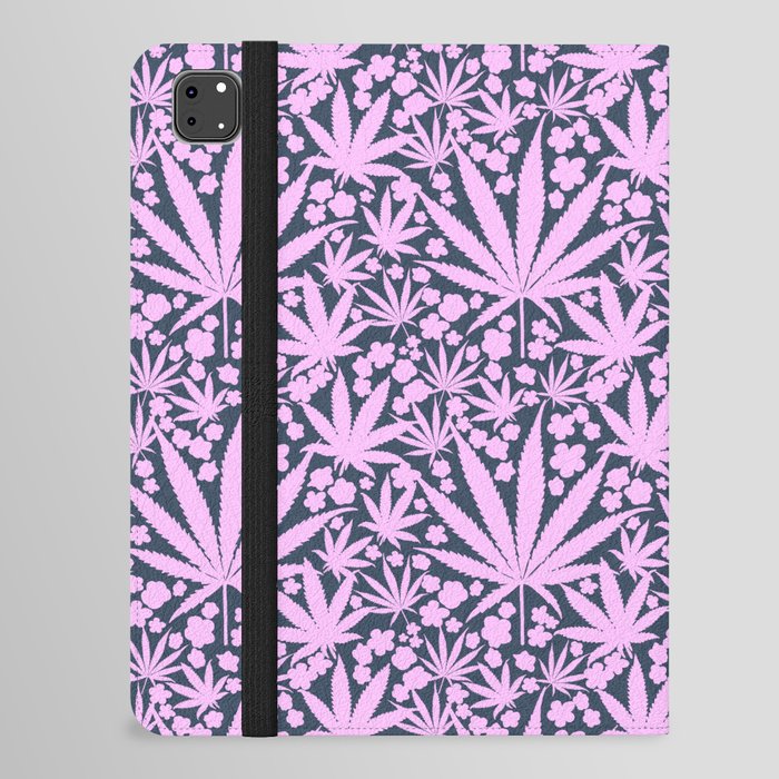 70’s Style Pastel Pink Cannabis And Flowers On Navy  iPad Folio Case