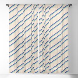 [ Thumbnail: Bisque, Blue, and Aquamarine Colored Lines Pattern Sheer Curtain ]