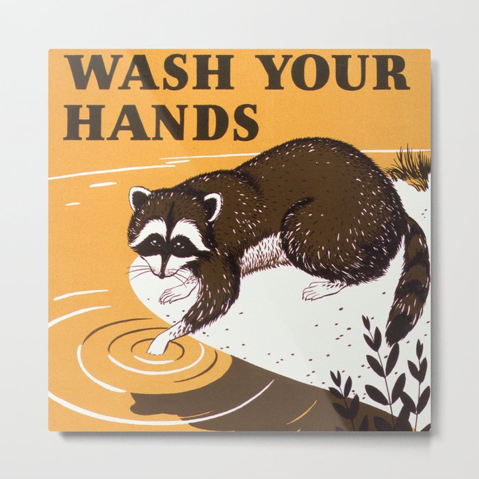 Orange Vintage Wash Your Hands Sign with Raccoon  Metal Print