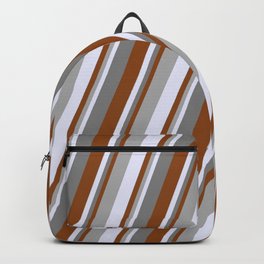 [ Thumbnail: Brown, Dark Gray, Lavender & Grey Colored Stripes Pattern Backpack ]