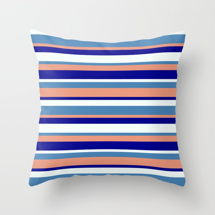 Blue, Dark Salmon, Dark Blue & Mint Cream Colored Stripes Pattern Throw Pillow