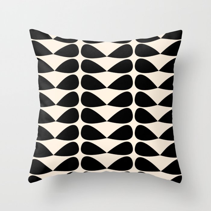 Mod Leaves Mid Century Modern Abstract Pattern in Black and Almond Cream Throw Pillow