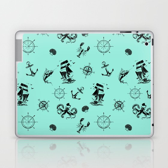 Mint Blue And Black Silhouettes Of Vintage Nautical Pattern Laptop & iPad Skin