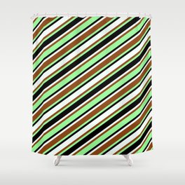 [ Thumbnail: Brown, Green, Black & Mint Cream Colored Lines/Stripes Pattern Shower Curtain ]