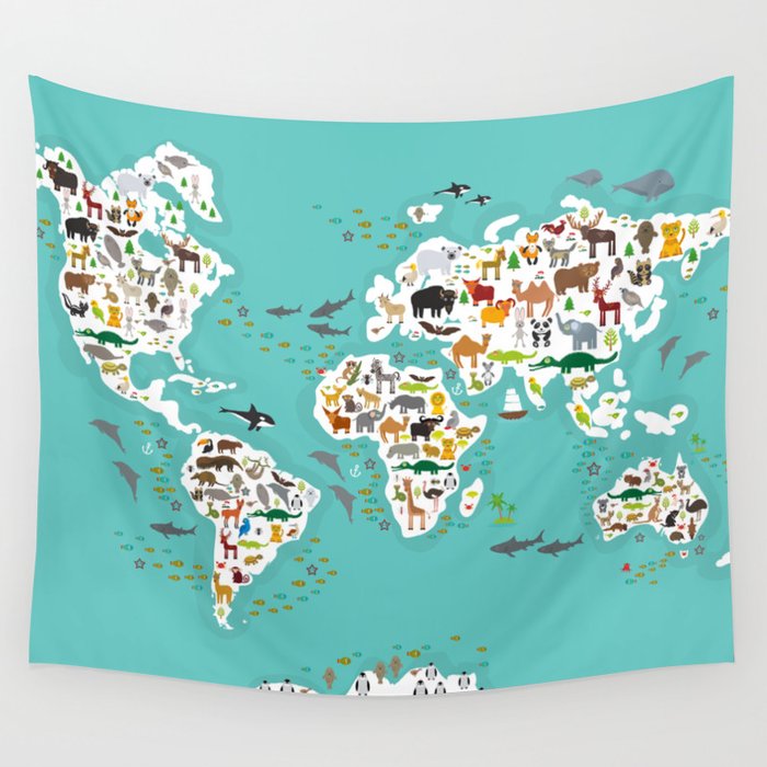 Cartoon animal world map for children and kids, Animals ...