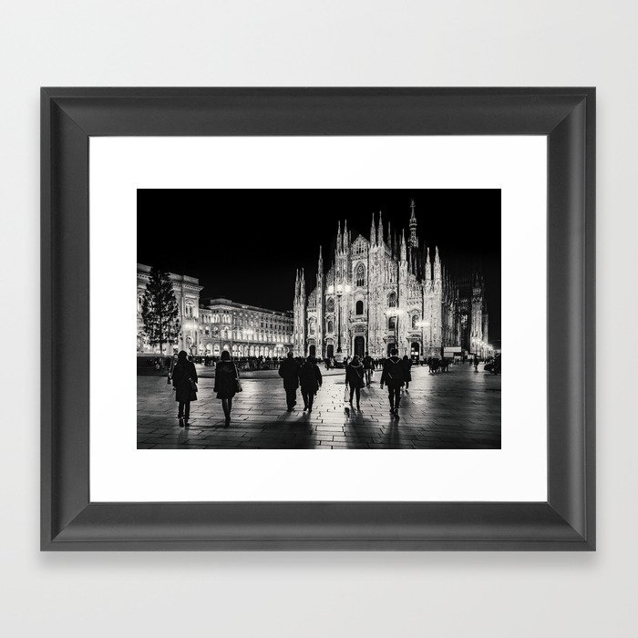 Black and White Duomo Piazza Night Scene, Milan City, Italy Framed Art Print