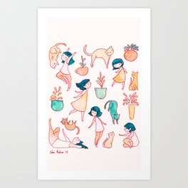 Cats, plants and girls Art Print