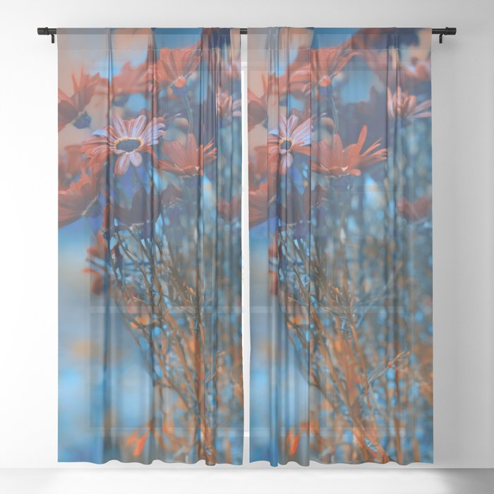 Dreamy Twilight Daisies - auburn, copper, turquoise, steel blue Sheer Curtain
