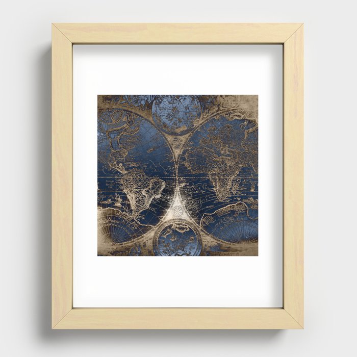 World Map Deep Blue and Gold Recessed Framed Print