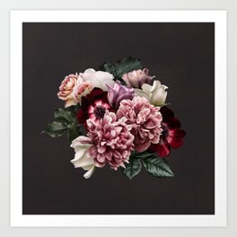 Vintage flowers bouquet. Peony, roses, anemone on dark moody background. Art Print