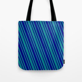 [ Thumbnail: Dark Blue and Dark Cyan Colored Lined/Striped Pattern Tote Bag ]