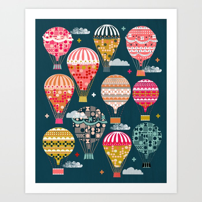 Hot Air Balloons - Retro, Vintage-inspired Print and Pattern by Andrea Lauren Art Print
