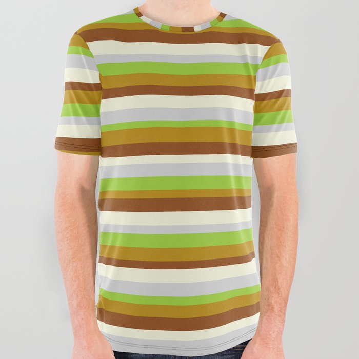 Eyecatching Light Grey, Green, Dark Goldenrod, Brown, and Beige Colored Lined Pattern All Over Graphic Tee