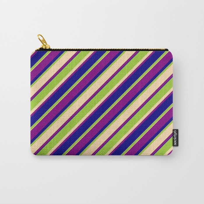 Green, Tan, Purple & Blue Colored Lined Pattern Carry-All Pouch