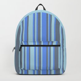 [ Thumbnail: Cornflower Blue, Light Blue, and Slate Gray Colored Striped Pattern Backpack ]