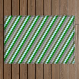 [ Thumbnail: Eye-catching Turquoise, Green, Grey, Dark Grey, and Dark Olive Green Colored Striped Pattern Outdoor Rug ]