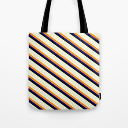 [ Thumbnail: Vibrant Beige, Dark Orange, Blue, Black & Green Colored Stripes Pattern Tote Bag ]