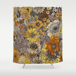 Seamless floral pattern 70s. Autumn flowers and butterflies. Gray and orange.  Shower Curtain