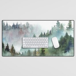 Watercolor Pine Forest Mountains in the Fog Desk Mat