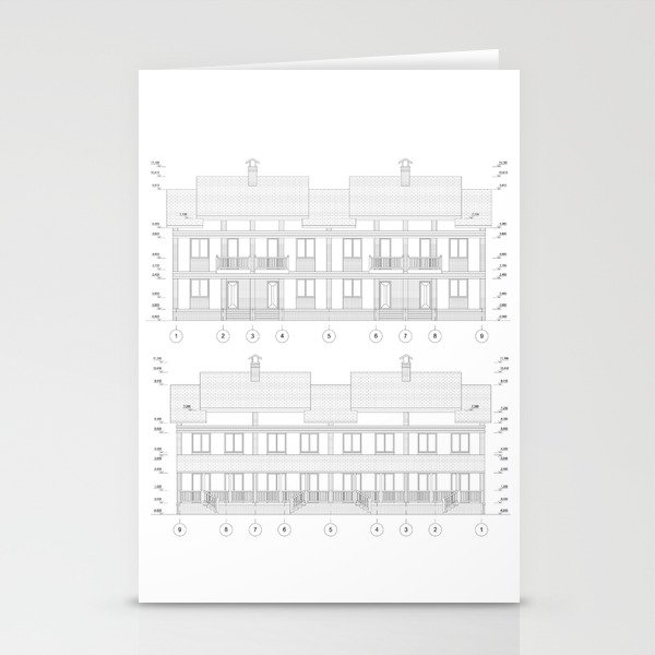 Townhouse building detailed architectural technical drawing, vector blueprint Stationery Cards