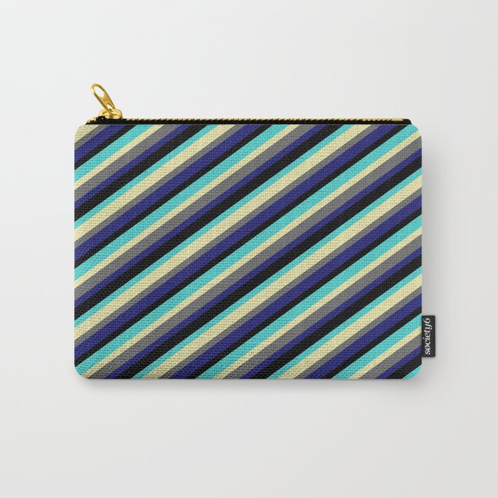 Eyecatching Turquoise, Pale Goldenrod, Dim Gray, Midnight Blue, and Black Colored Striped Pattern Carry-All Pouch