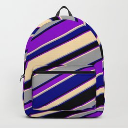 [ Thumbnail: Eyecatching Dark Violet, Beige, Dark Grey, Dark Blue & Black Colored Lined Pattern Backpack ]