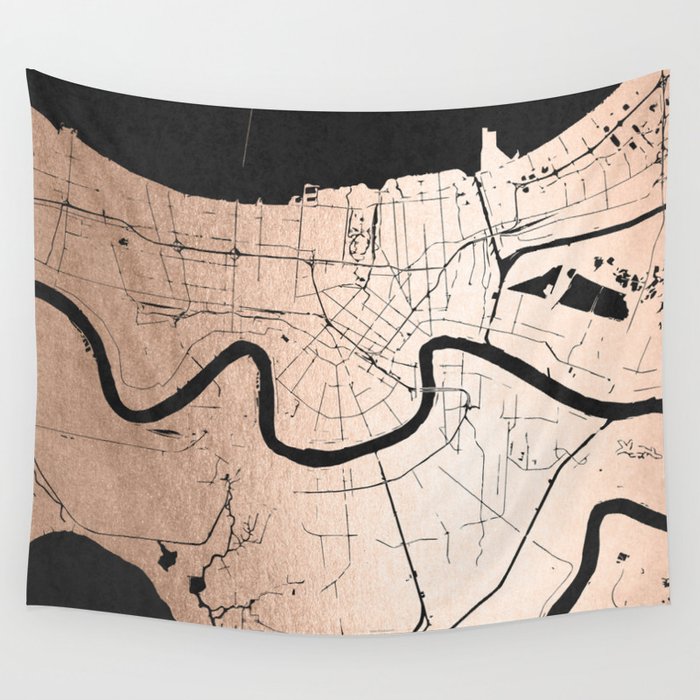 New Orleans Rose Gold and Black Map Wall Tapestry