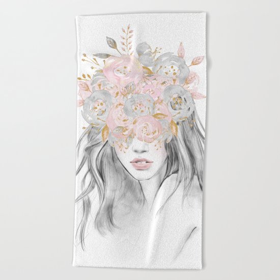 She Wore Flowers in Her Hair Rose Gold by Nature Magick Beach Towel