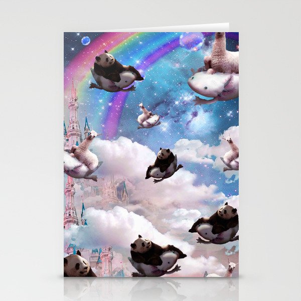 Llama Panda Riding Axolotl, Space Rainbow Clouds Stationery Cards