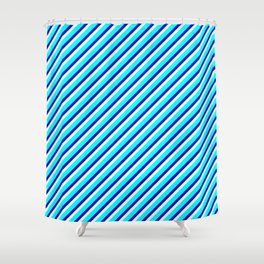 [ Thumbnail: Cyan, Blue, and Mint Cream Colored Lined Pattern Shower Curtain ]