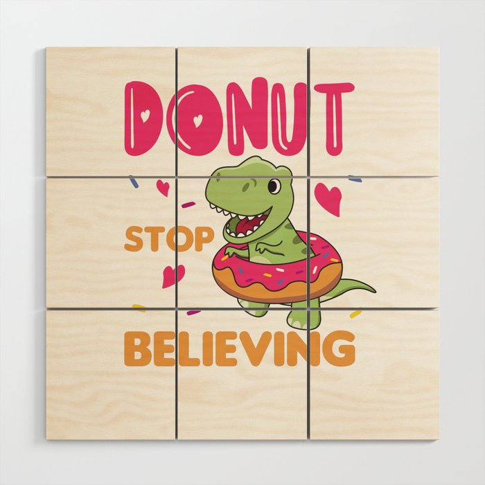 Cute Dino T-Rex Funny Animals In Donut Pun Wood Wall Art